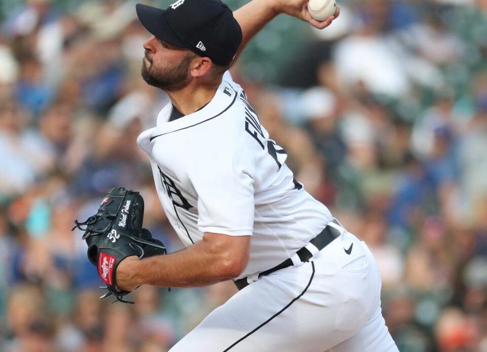 Detroit Tigers reliever Michael Fulmer (32) pitches against the Toronto Blue Jays during eighth-inning action at Comerica Park in Detroit on Saturday, June 11, 2022.