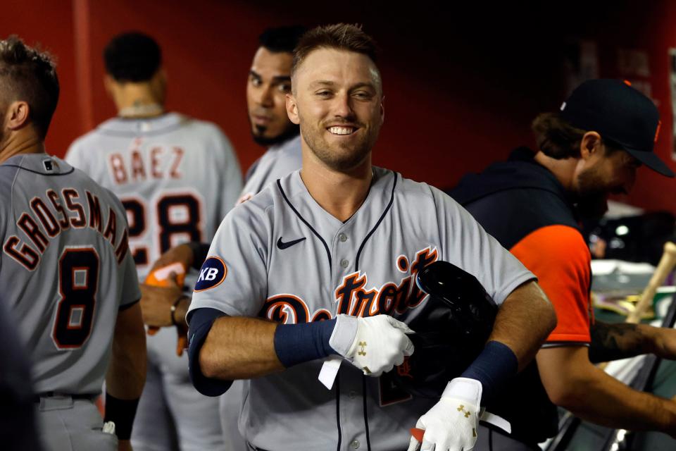 Tigers second baseman Kody Clemens reacts in the dugout after hitting a three-run home run during the sixth inning on Saturday, June 25, 2022, in Phoenix.