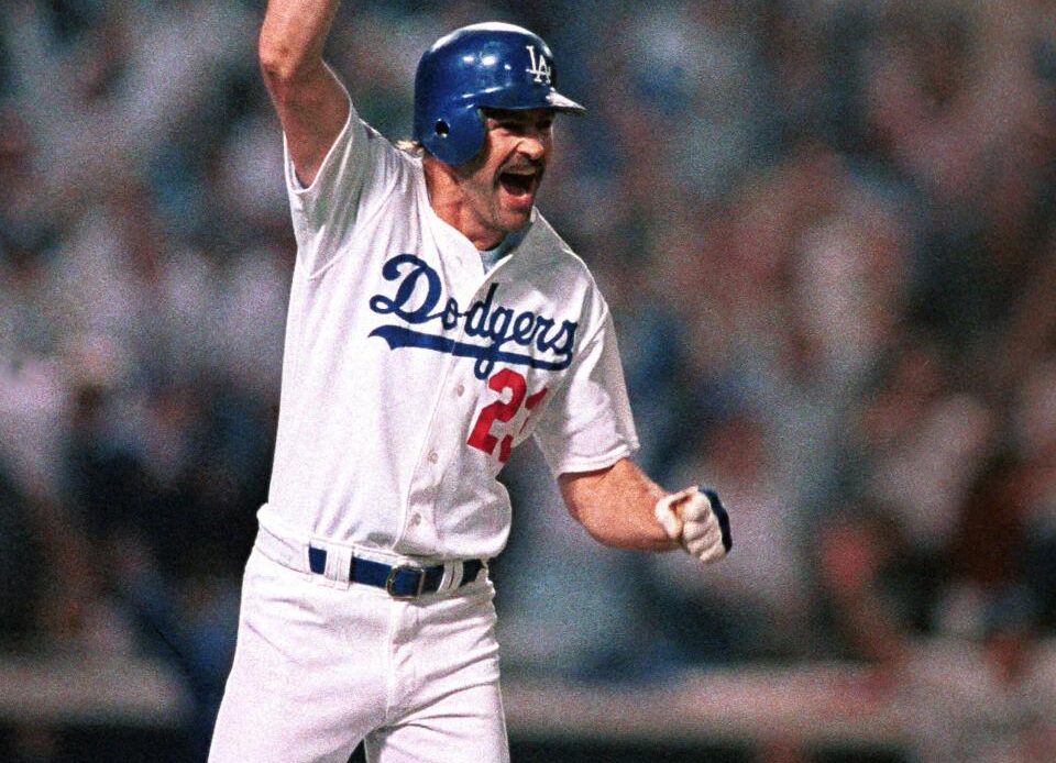 Kirk Gibson celebrates his game-winning home run in Game 1 of the 1988 World Series.