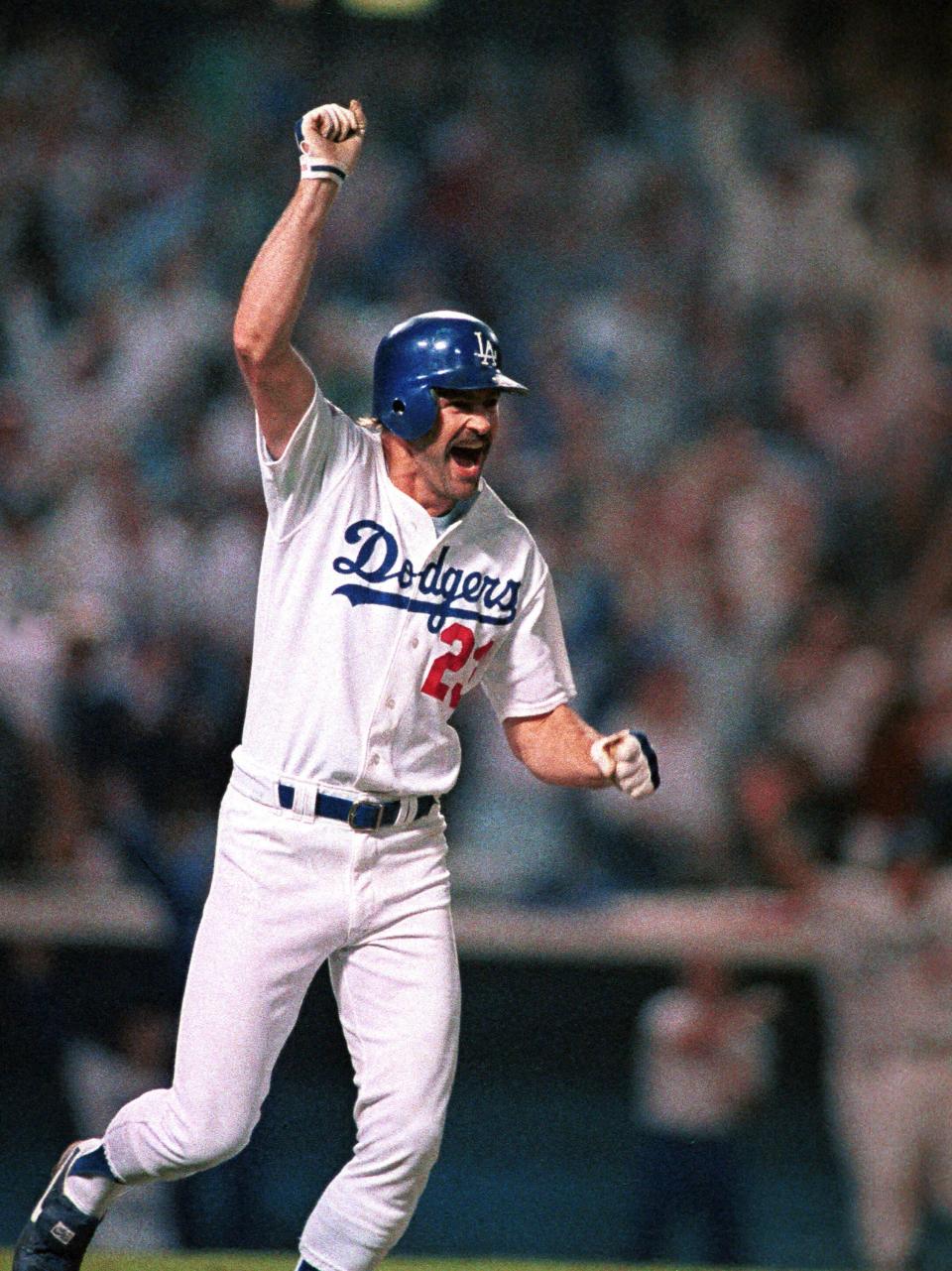 Kirk Gibson celebrates his game-winning home run in Game 1 of the 1988 World Series.